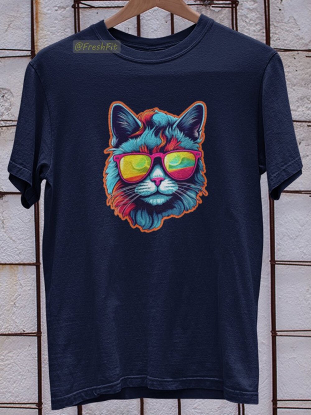 🆕Colorful Hipster Cat w/Sunglasses Navy Blue T-Shirt Graphic Tee